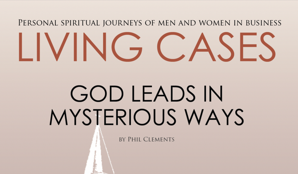 Book cover titled "Living Cases: God Leads in Mysterious Ways" by Phil Clements, featured in an HCU campus library display.